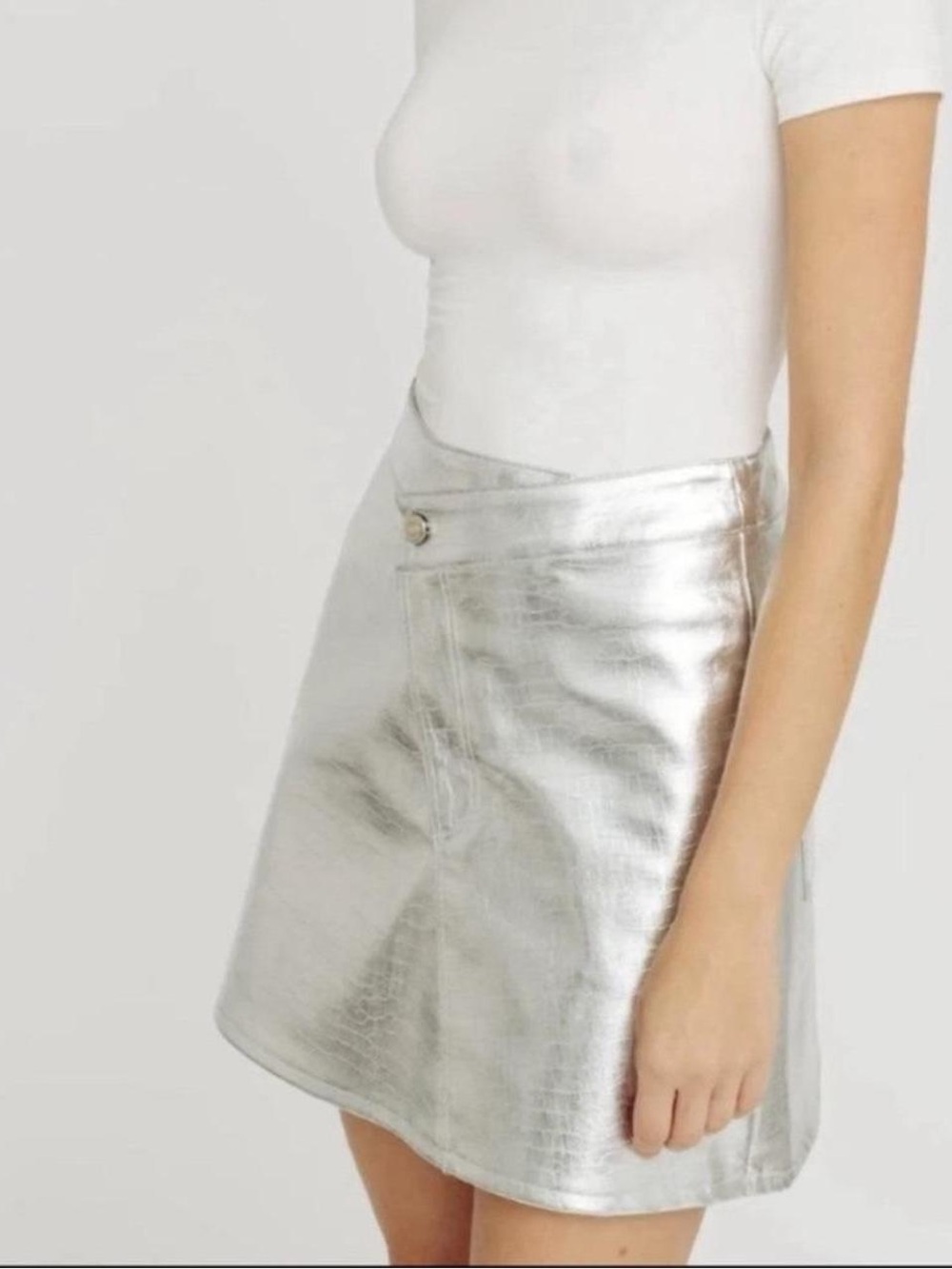 Torn by Ronny Kobo Donnie Skirt Metallic Silver Croc Faux Leather Mini Skirt L